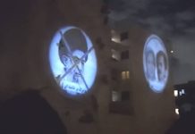 Große Bilder der Iranischen Widerstandsführer und ein durchkreuztes Bild von Khamenei in Teheran gezeigt